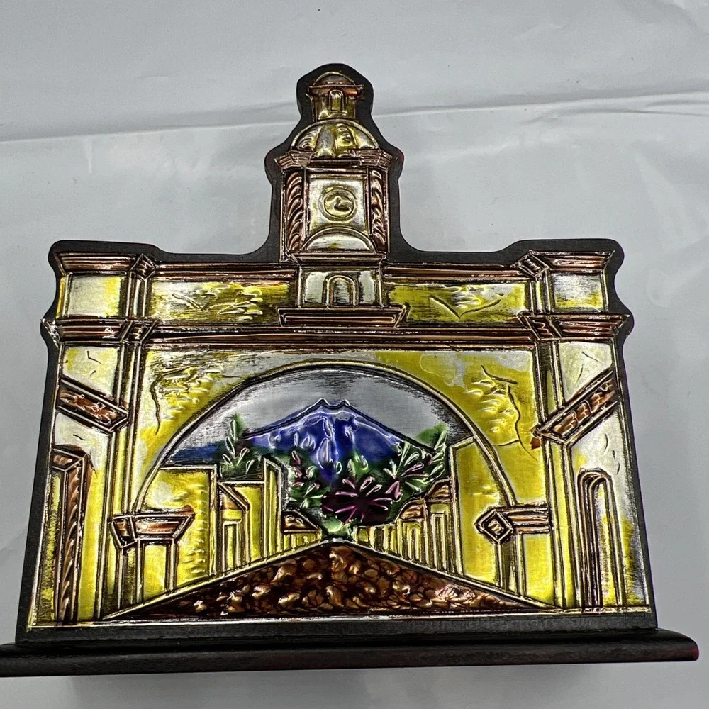 Vtg Guatemala Wood Pewter Napkin Holder Hand Woven Fabric Folk Art Antigua Arch